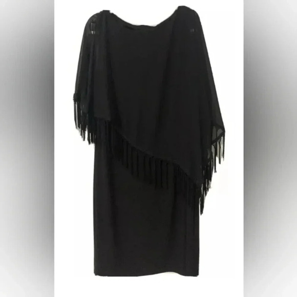 Women's R&M Richards Shift Dress with Fringe Cape Shawl,Black,Size 12, NWT - Picture 1 of 11